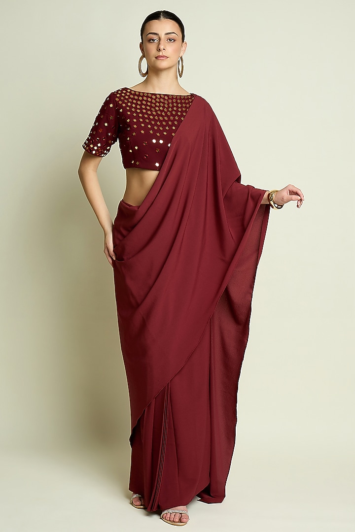 Maroon Moss Crepe Pre-Draped Skirt Party Wear Saree Set by Aakaar at Pernia's Pop Up Shop