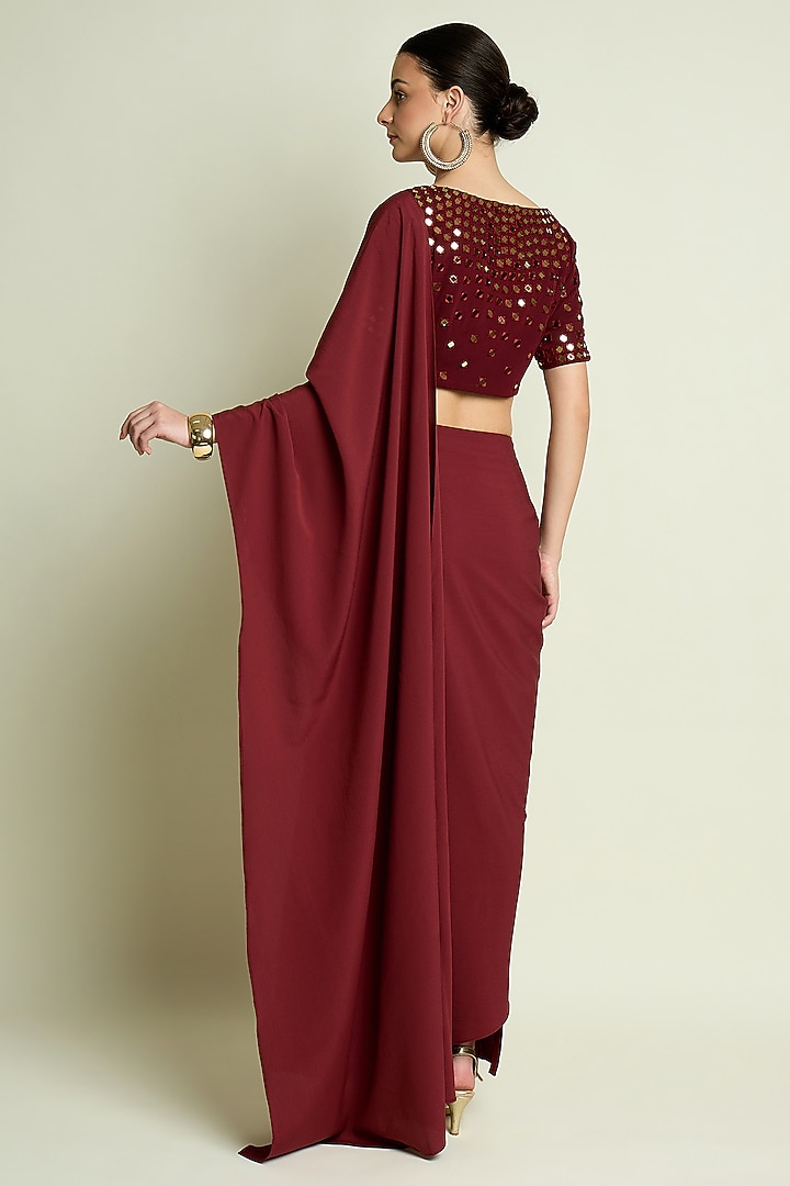 Maroon Moss Crepe Pre-Draped Skirt Party Wear Saree Set by Aakaar at Pernia's Pop Up Shop