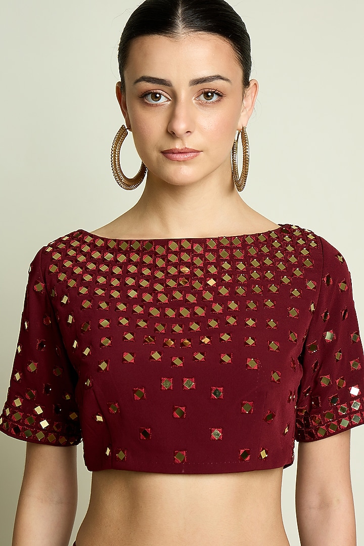 Maroon Moss Crepe Pre-Draped Skirt Party Wear Saree Set by Aakaar at Pernia's Pop Up Shop