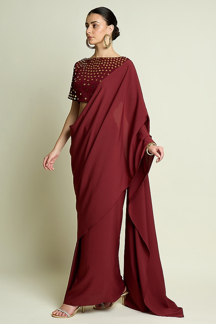 Maroon Moss Crepe Pre-Draped Skirt Party Wear Saree Set by Aakaar at Pernia's Pop Up Shop