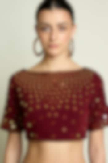 Maroon Moss Crepe Mirror Embroidered Blouse by Aakaar at Pernia's Pop Up Shop