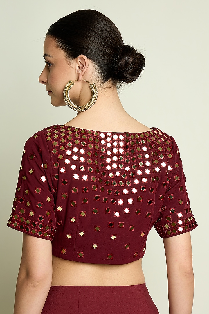 Maroon Moss Crepe Mirror Embroidered Blouse by Aakaar at Pernia's Pop Up Shop