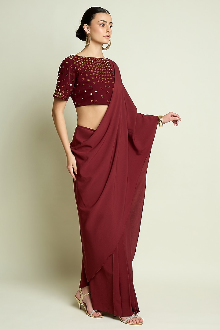 Maroon Moss Crepe Mirror Embroidered Blouse by Aakaar at Pernia's Pop Up Shop