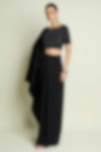 Black Moss Crepe Pre-Draped Skirt Party Wear Saree Set by Aakaar at Pernia's Pop Up Shop