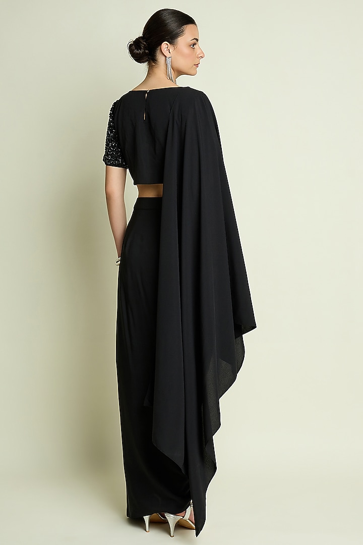 Black Moss Crepe Pre-Draped Skirt Party Wear Saree Set by Aakaar at Pernia's Pop Up Shop