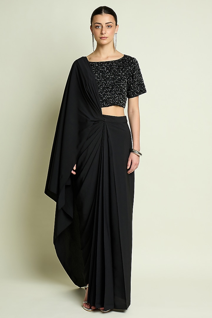 Black Moss Crepe Pre-Draped Skirt Party Wear Saree Set by Aakaar at Pernia's Pop Up Shop