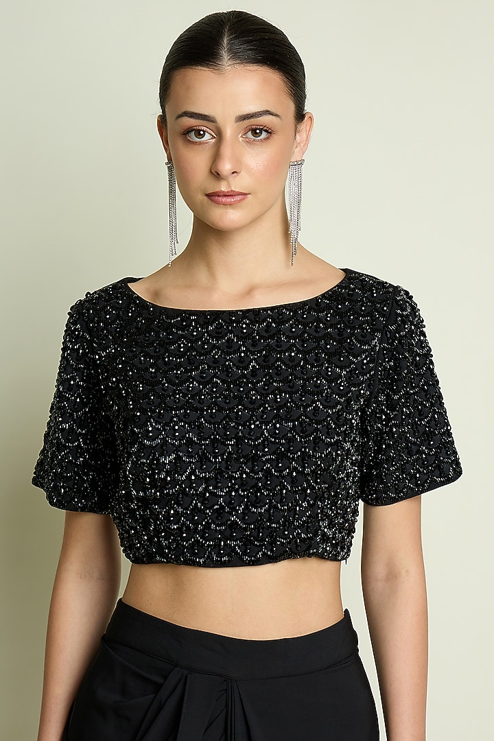 Black Moss Crepe Embroidered Blouse by Aakaar at Pernia's Pop Up Shop