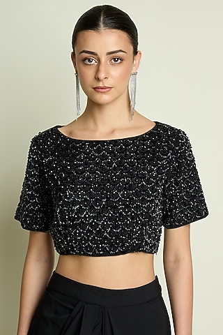 Black Moss Crepe Embroidered Blouse by Aakaar