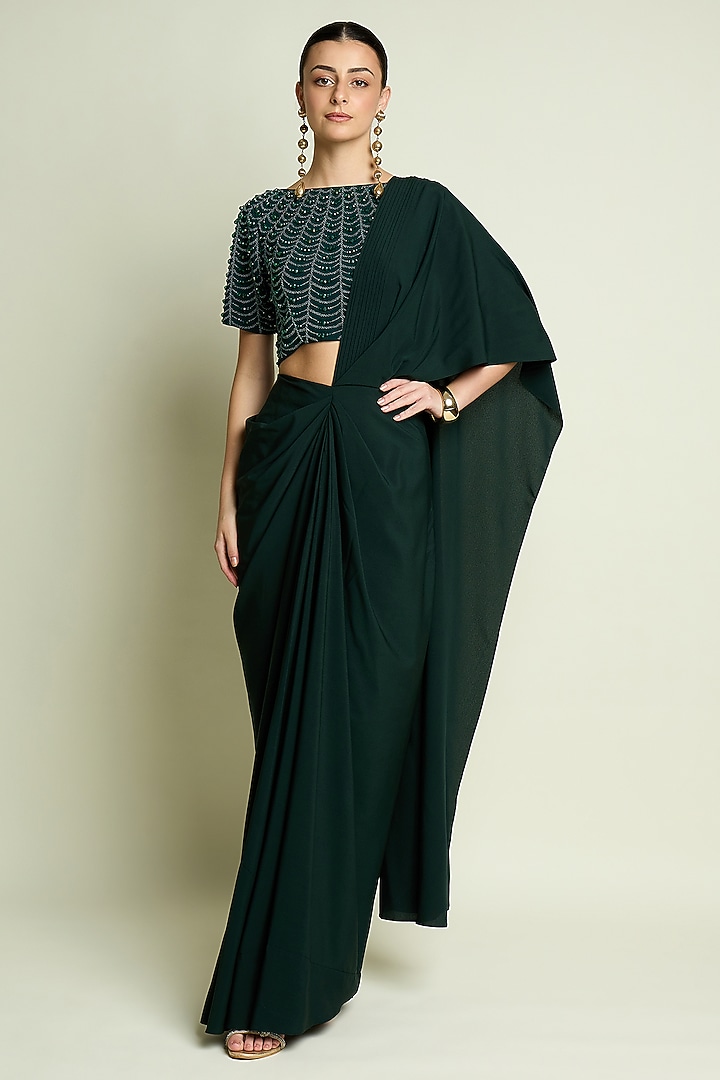 Emerald Green Moss Crepe Pre-Draped Skirt Party Wear Saree Set by Aakaar at Pernia's Pop Up Shop
