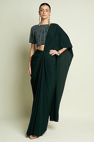 Emerald Green Moss Crepe Pre-Draped Skirt Saree Set by Aakaar