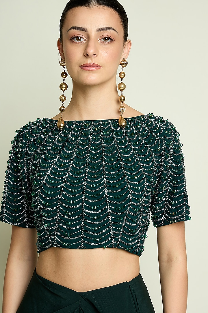 Emerald Green Moss Crepe Pre-Draped Skirt Party Wear Saree Set by Aakaar at Pernia's Pop Up Shop