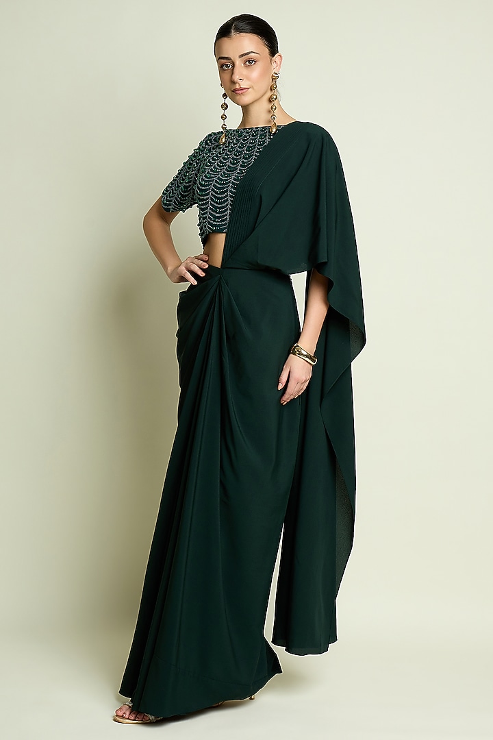 Emerald Green Moss Crepe Pre-Draped Skirt Party Wear Saree Set by Aakaar at Pernia's Pop Up Shop