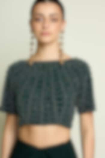 Emerald Green Moss Crepe Crystal Embroidered Blouse by Aakaar at Pernia's Pop Up Shop