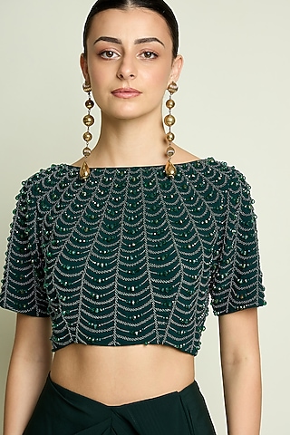 Emerald Green Moss Crepe Crystal Embroidered Blouse by Aakaar