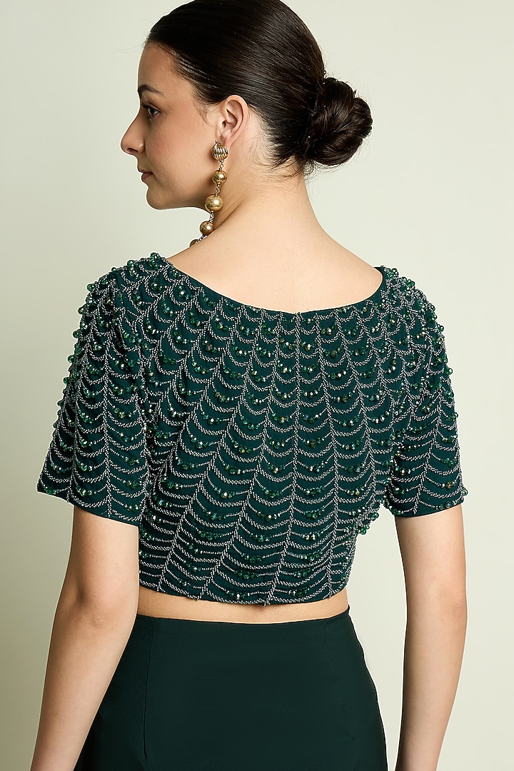 Emerald Green Moss Crepe Crystal Embroidered Blouse by Aakaar at Pernia's Pop Up Shop