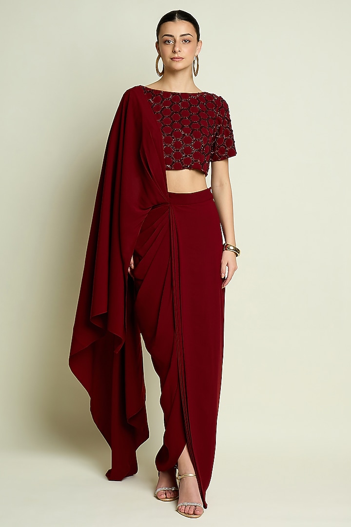 Maroon Moss Crepe Pre-Draped Skirt Party Wear Saree Set by Aakaar at Pernia's Pop Up Shop