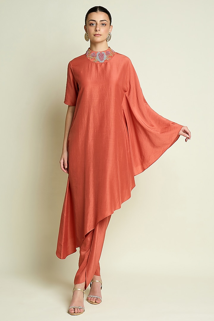 Orange Cotton Silk Asymmetrical Draped Tunic Set by Aakaar at Pernia's Pop Up Shop