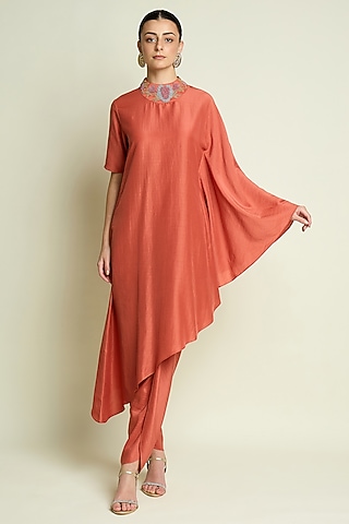 Orange Cotton Silk Asymmetrical Draped Tunic Set by Aakaar