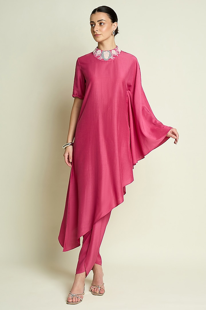 Pink Cotton Silk Asymmetrical Draped Tunic Set by Aakaar at Pernia's Pop Up Shop