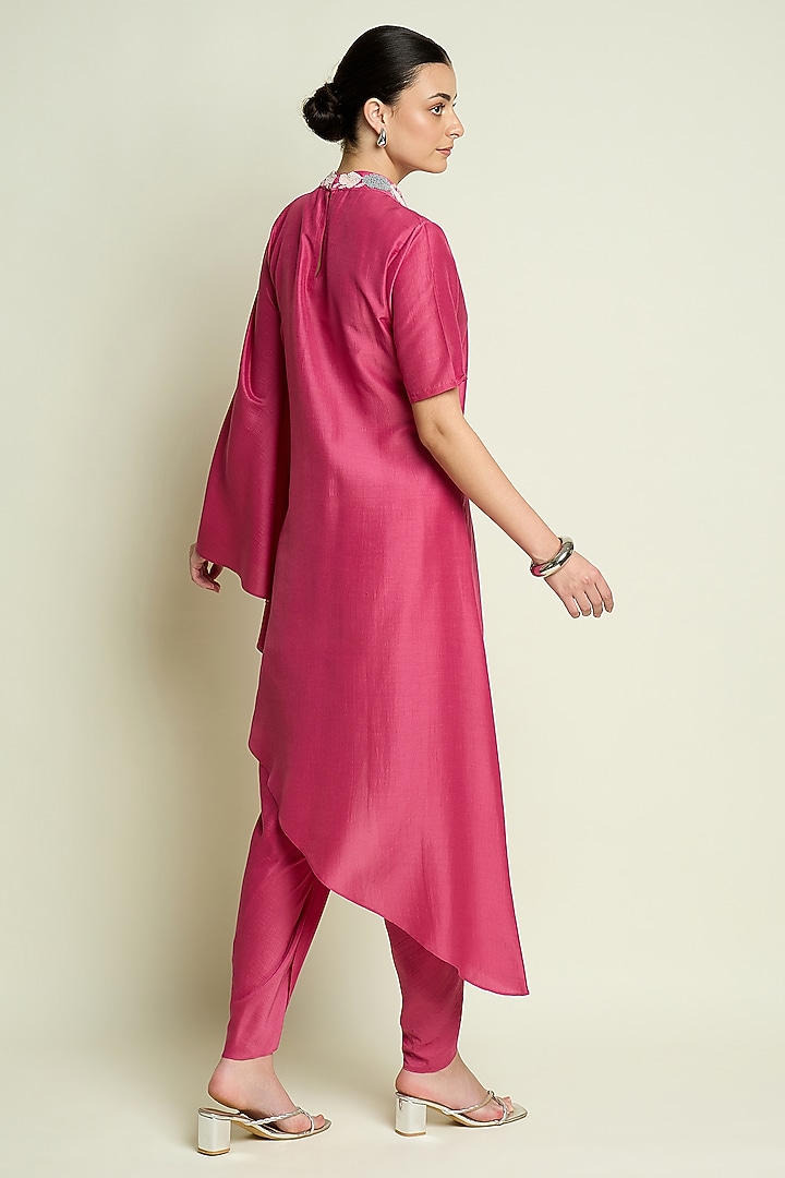 Pink Cotton Silk Asymmetrical Draped Tunic Set by Aakaar at Pernia's Pop Up Shop