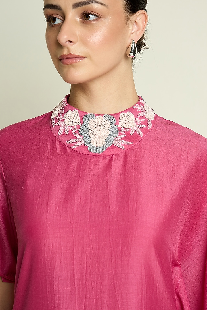 Pink Cotton Silk Asymmetrical Draped Tunic Set by Aakaar at Pernia's Pop Up Shop