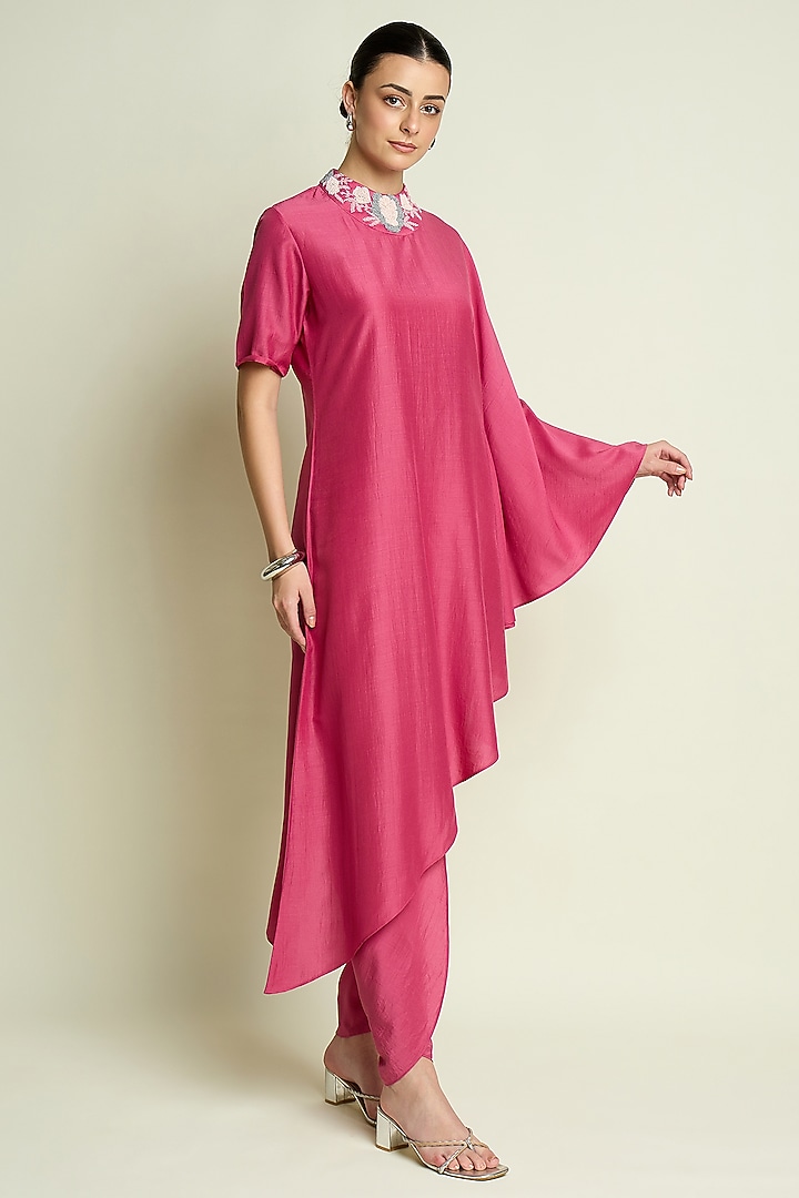 Pink Cotton Silk Asymmetrical Draped Tunic Set by Aakaar at Pernia's Pop Up Shop