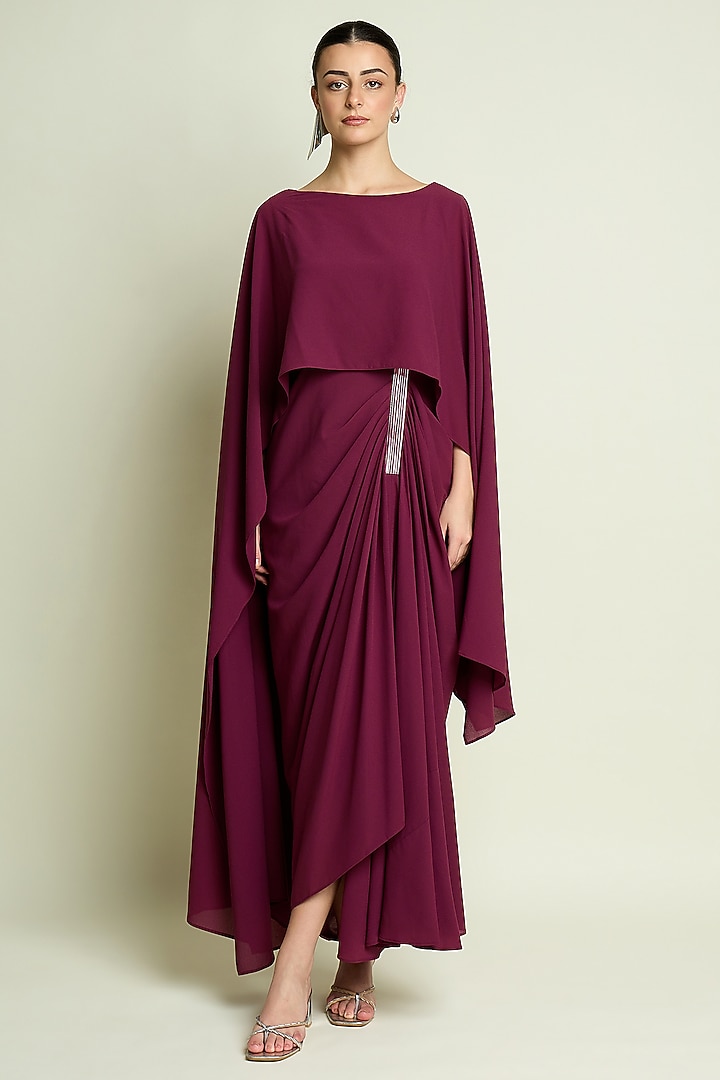 Plum Moss Crepe Metallic Draped Summer Dress by Aakaar at Pernia's Pop Up Shop