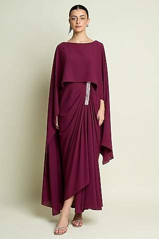 Plum Moss Crepe Metallic Draped Dress by Aakaar