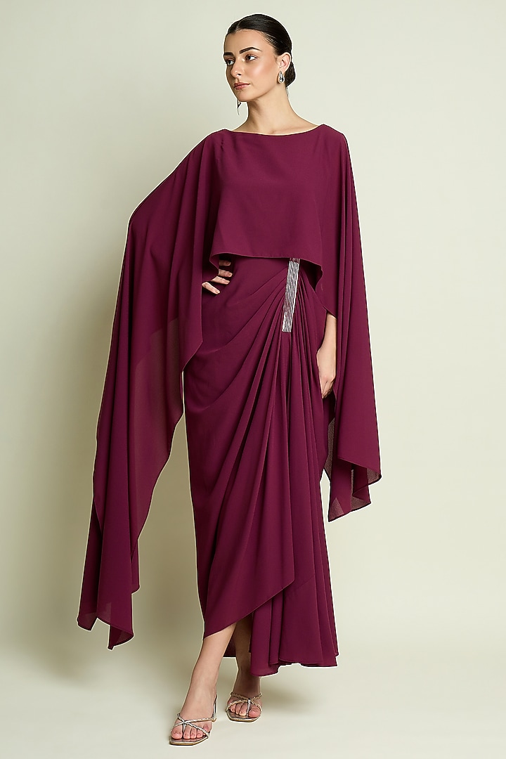Plum Moss Crepe Metallic Draped Summer Dress by Aakaar at Pernia's Pop Up Shop