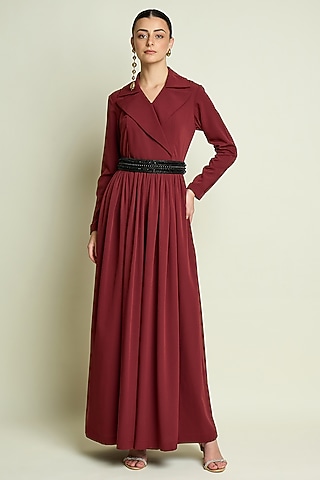 Maroon Moss Crepe Jumpsuit With Belt by Aakaar