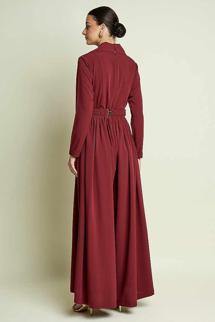 Maroon Moss Crepe Jumpsuit With Belt by Aakaar at Pernia's Pop Up Shop