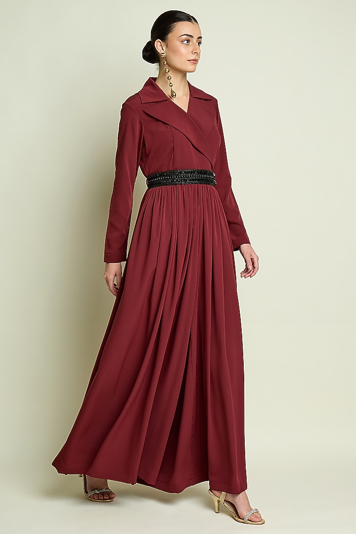 Maroon Moss Crepe Jumpsuit With Belt by Aakaar at Pernia's Pop Up Shop