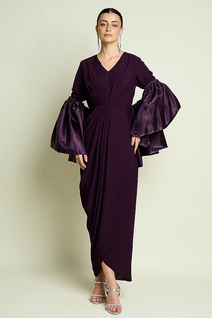 Purple Moss Crepe Draped Summer Dress With Shrug by Aakaar at Pernia's Pop Up Shop
