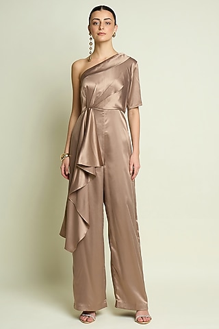 Champagne Satin One-Shoulder Jumpsuit by Aakaar