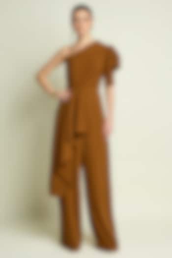 Tan Satin One-Shoulder Jumpsuit by Aakaar at Pernia's Pop Up Shop