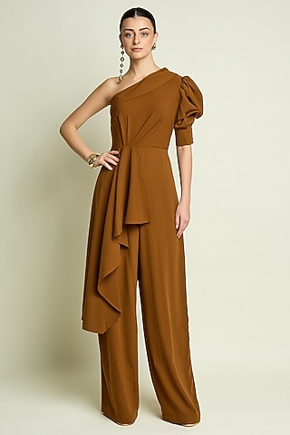 Tan Satin One-Shoulder Jumpsuit by Aakaar