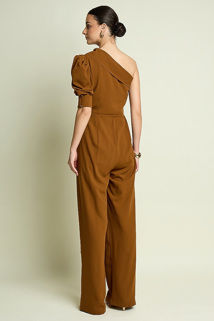 Tan Satin One-Shoulder Jumpsuit by Aakaar at Pernia's Pop Up Shop