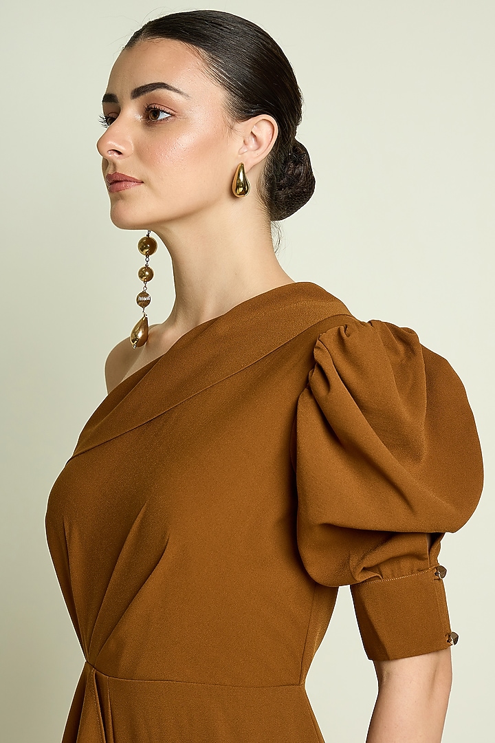 Tan Satin One-Shoulder Jumpsuit by Aakaar at Pernia's Pop Up Shop