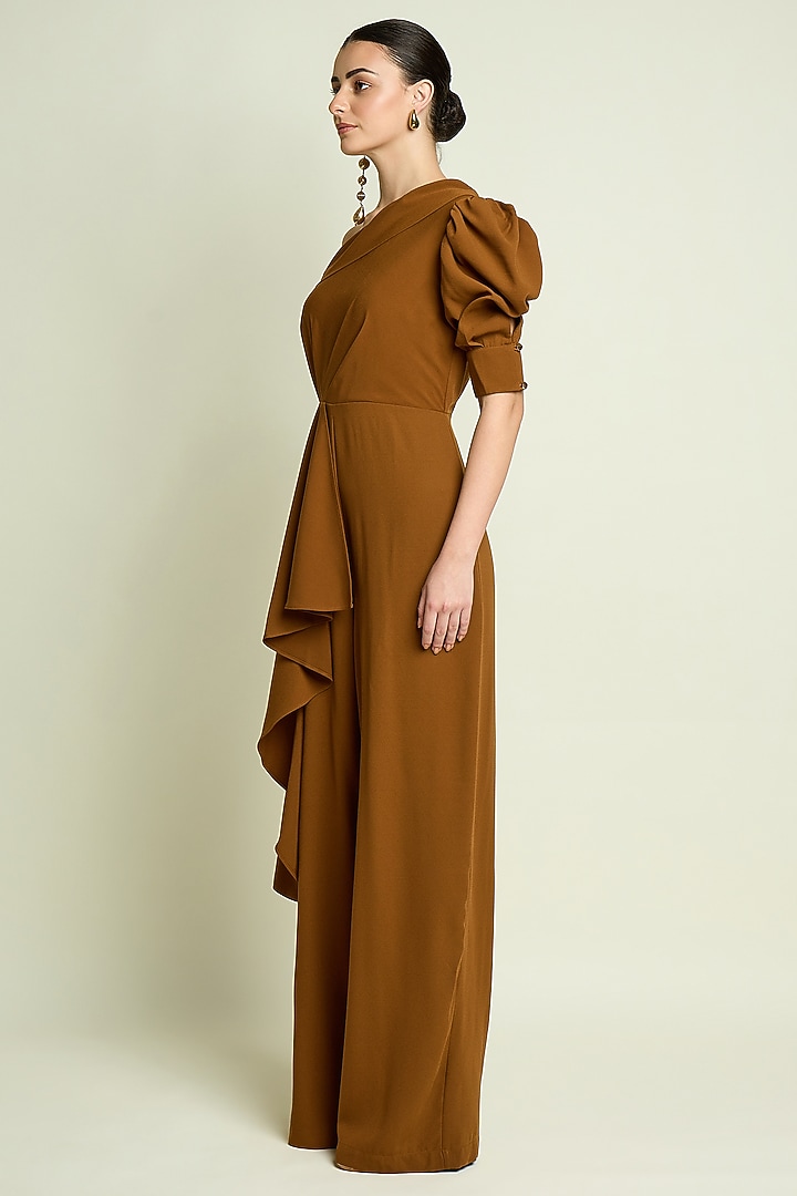 Tan Satin One-Shoulder Jumpsuit by Aakaar at Pernia's Pop Up Shop