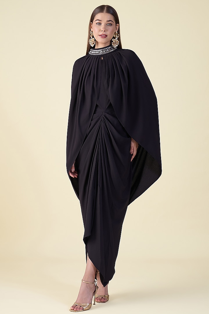 Black Moss Crepe Cocoon Summer Dress With Cape by Aakaar at Pernia's Pop Up Shop