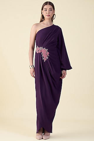 Purple Moss Crepe One-Shoulder Pleated Draped Dress by aakaar