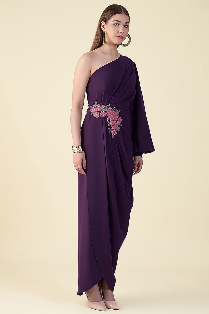 Purple Moss Crepe One-Shoulder Pleated Draped Summer Dress by Aakaar at Pernia's Pop Up Shop