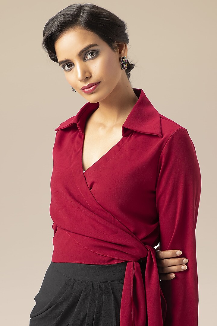 Maroon Moss Crepe Wrap Shirt by Aakaar at Pernia's Pop Up Shop