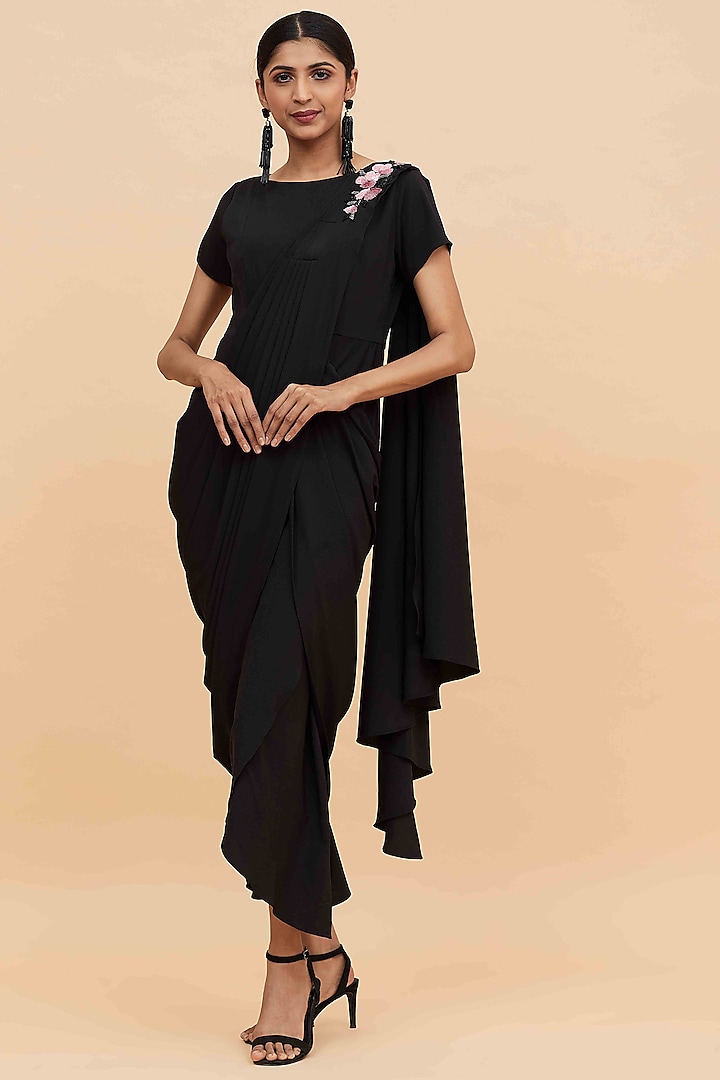Black Cowl Draped Saree Dress by Aakaar