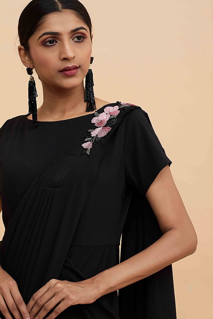 Black Cowl Draped Saree Summer Dress by Aakaar at Pernia's Pop Up Shop