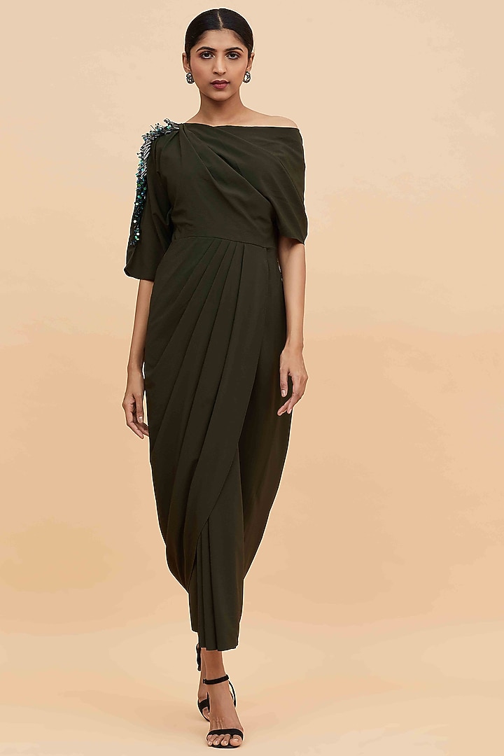 Dark Olive Green Summer Dress With Fringes by Aakaar at Pernia's Pop Up Shop