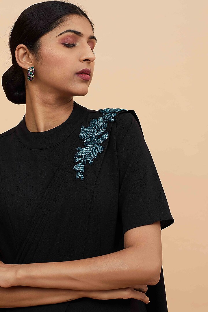 Black Moss Crepe Saree Summer Dress by Aakaar at Pernia's Pop Up Shop