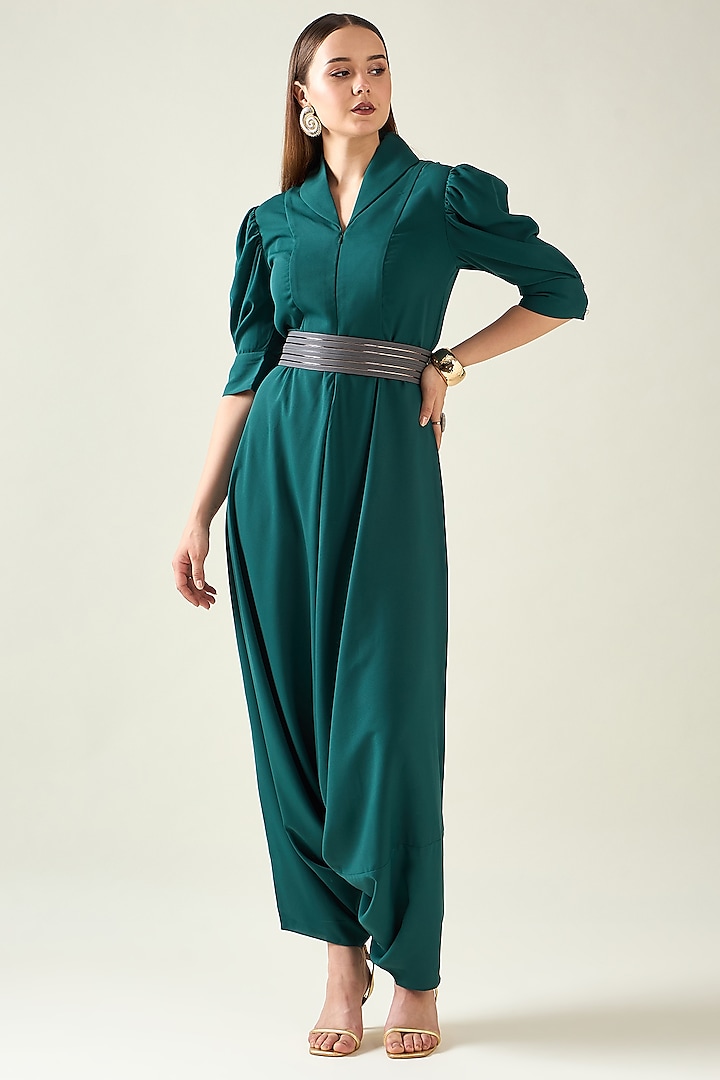 Green Moss Crepe Jumpsuit With Belt by Aakaar at Pernia's Pop Up Shop