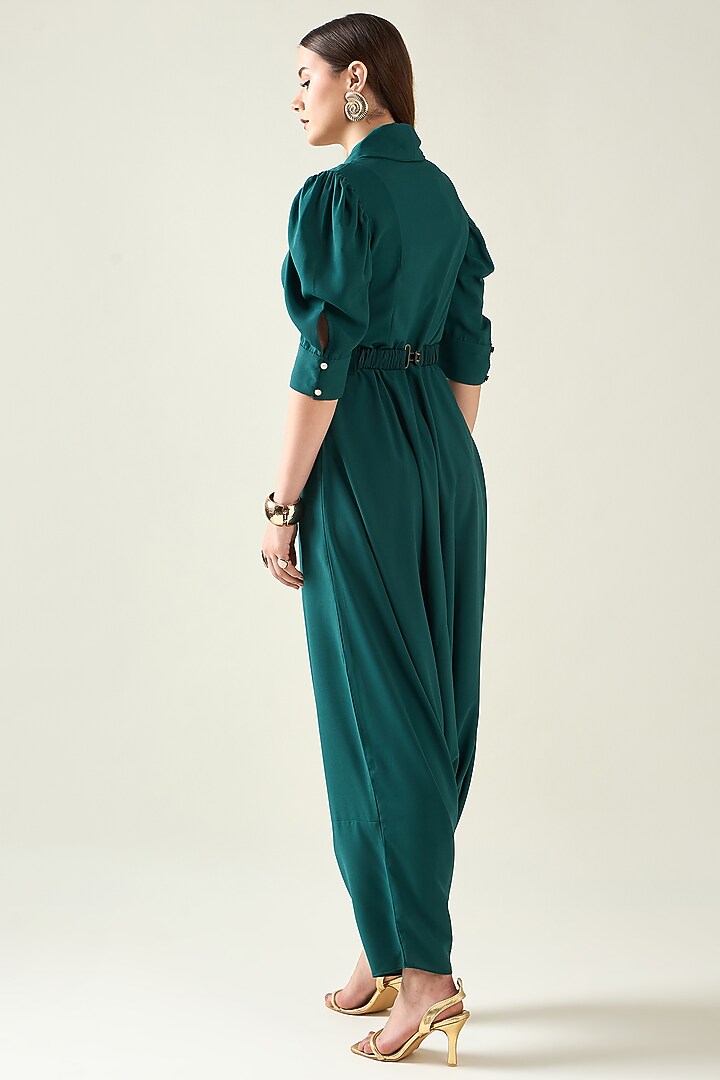 Green Moss Crepe Jumpsuit With Belt by Aakaar at Pernia's Pop Up Shop