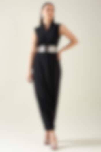 Black Moss Crepe Jumpsuit With Belt by Aakaar at Pernia's Pop Up Shop